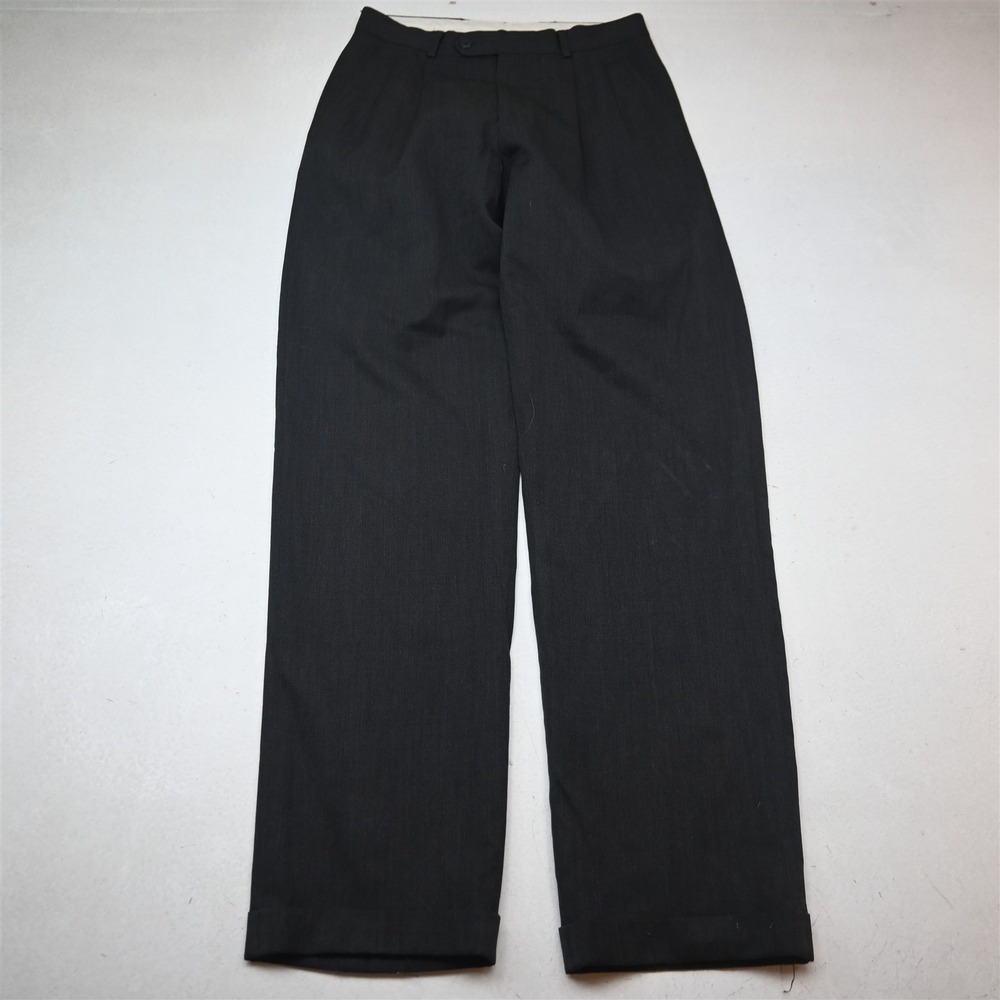 Vtg Y2K 2000s 28x34 Gray Wool Pleated Cuffed Classic Dress Mens Pants